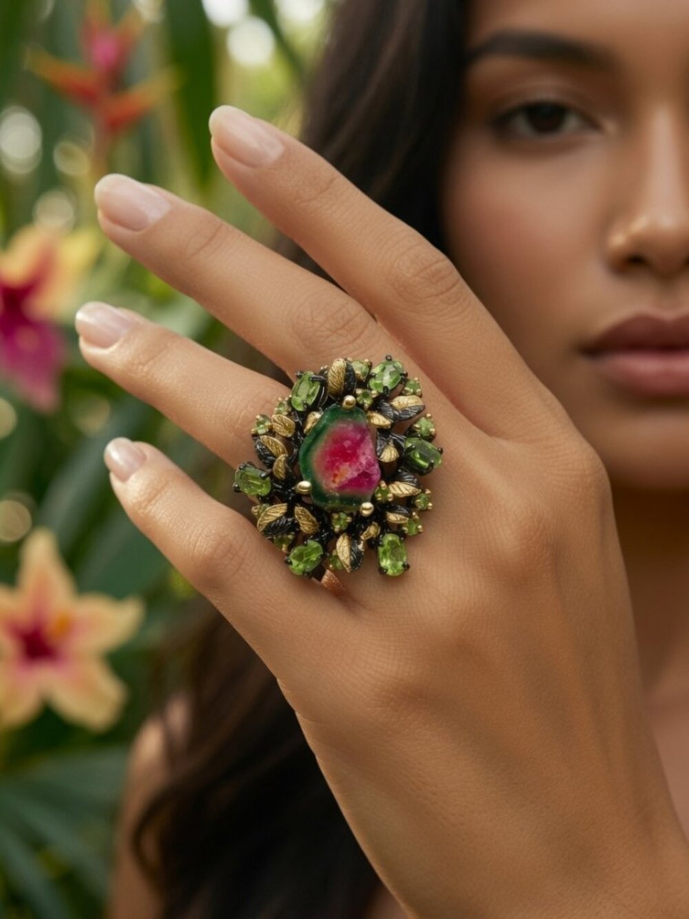 "Flowers anf Gems," Gilded, Watermelon Tourmaline Sterling Ring, Size 9